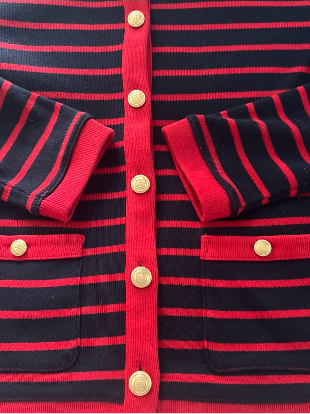 Talbots Cardigan M Navy Blue Red Striped Gold Buttons Preppy Academia, Work EUC - Picture 6 of 11